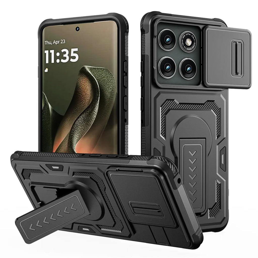 Heavy Equipment Bucket - 頑丈な耐衝撃ケース、スライド式カメラレンズカバーとキックスタンド付き、Motorola Moto G Play 2026、Edge 60